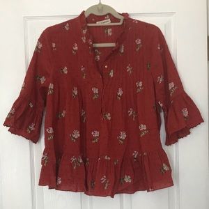 Ulla Johnson Red Floral Peasant Top